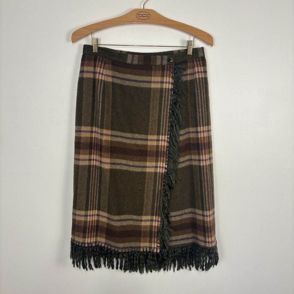 Vintage Evan Picone Plaid Wool Blend Wrap Skirt Size 8 Fringe Edge Tartan Green